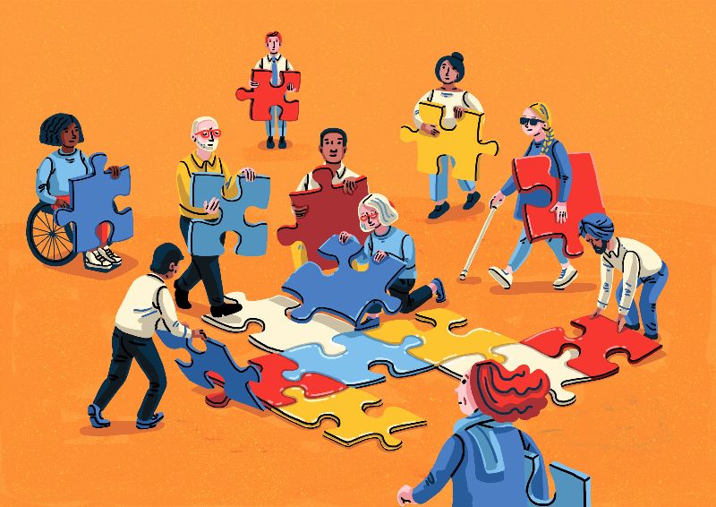 Image of people putting a jigsaw puzzle together, illustrated by Elly Walton