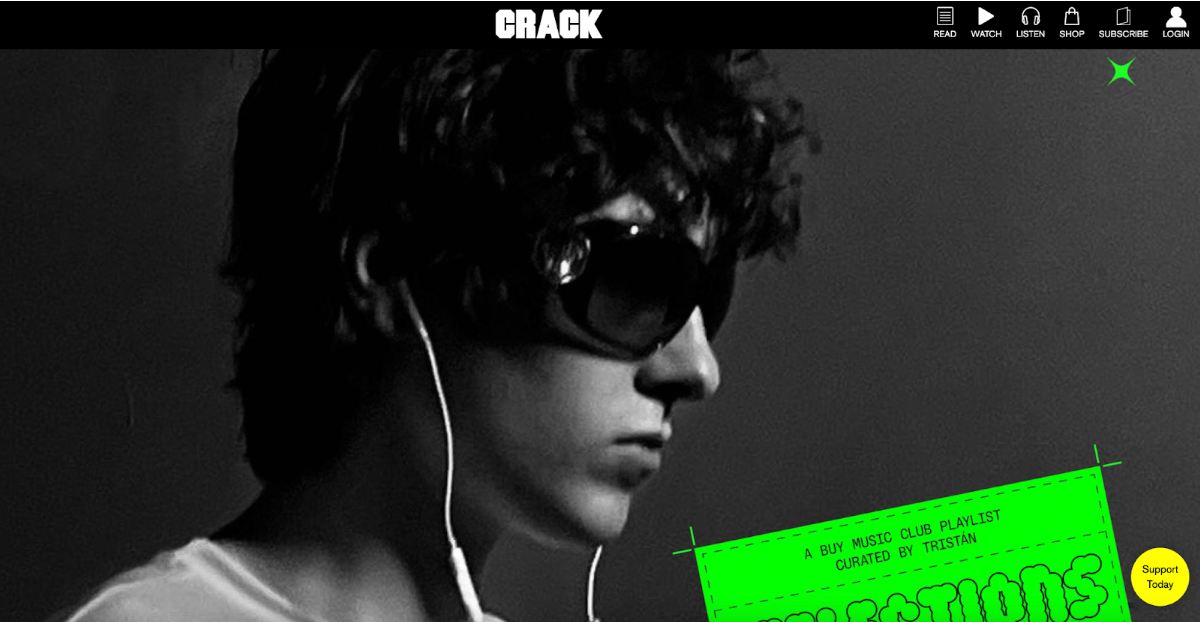 Side profile portrait of a man wearing sunglasses and headphones, taken from Crack magazine website.