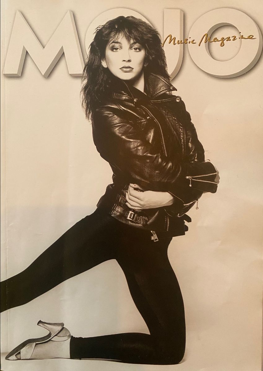 Mojo magazine cover image featuring a young Kate Bush posing in a leather jacket.