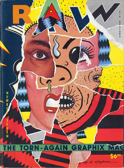 RAW magazine front cover featuring taped up images of faces on the front cover.