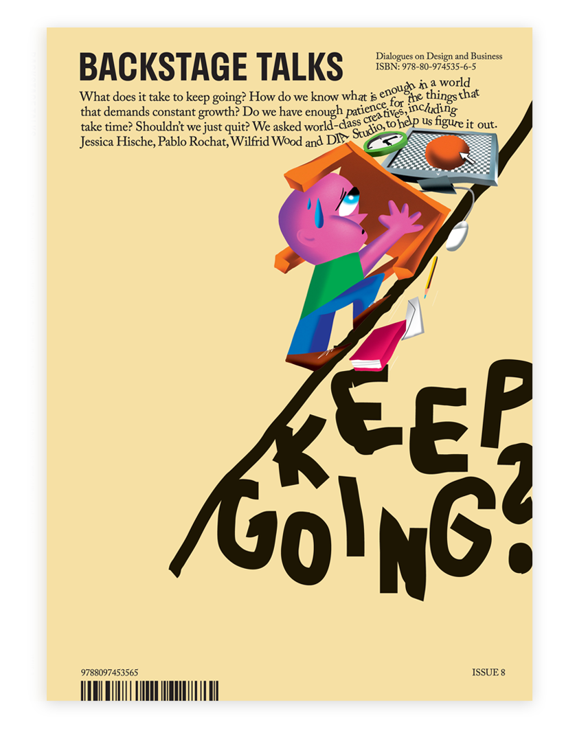'Keep Going!' magazine front cover, featuring an illustrated character climbing against a mountain of workplace objects.