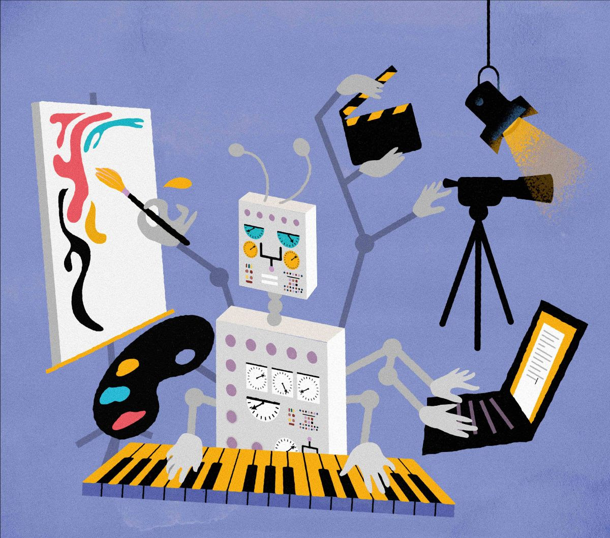 An illustrated robot with multiple hands doing different tasks, including; playing the piano, typing on a laptop, painting, directing and filming a video.