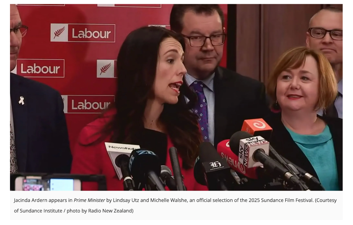 A photograph of Jacinda Arden speaking at a Labour conference.