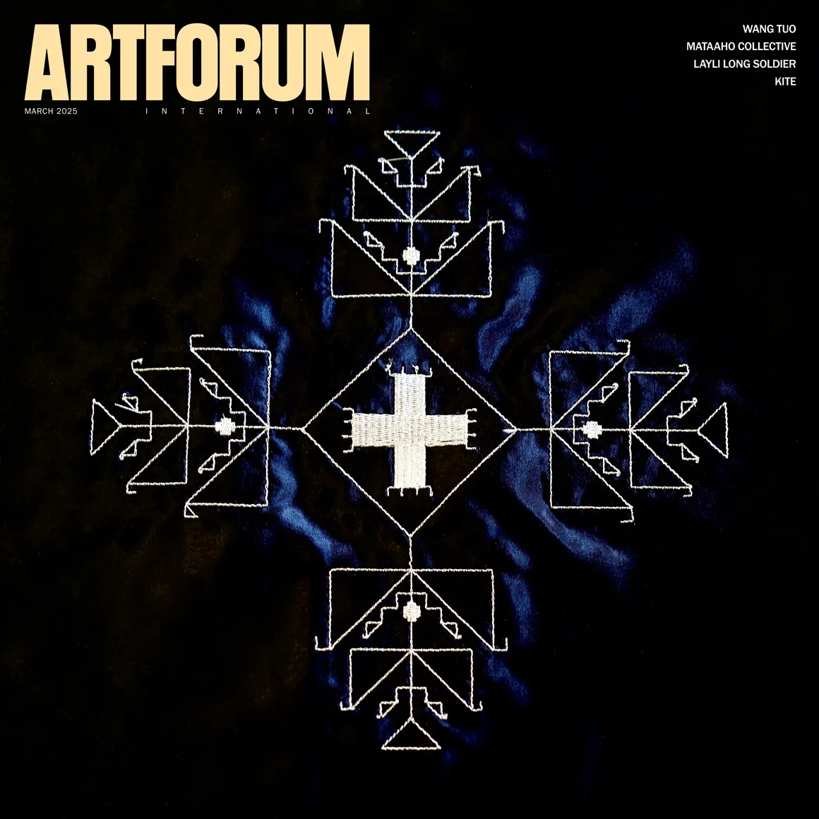 An image of the front cover of Artforum from March 2025, featuring black, white and navy textile artwork. 