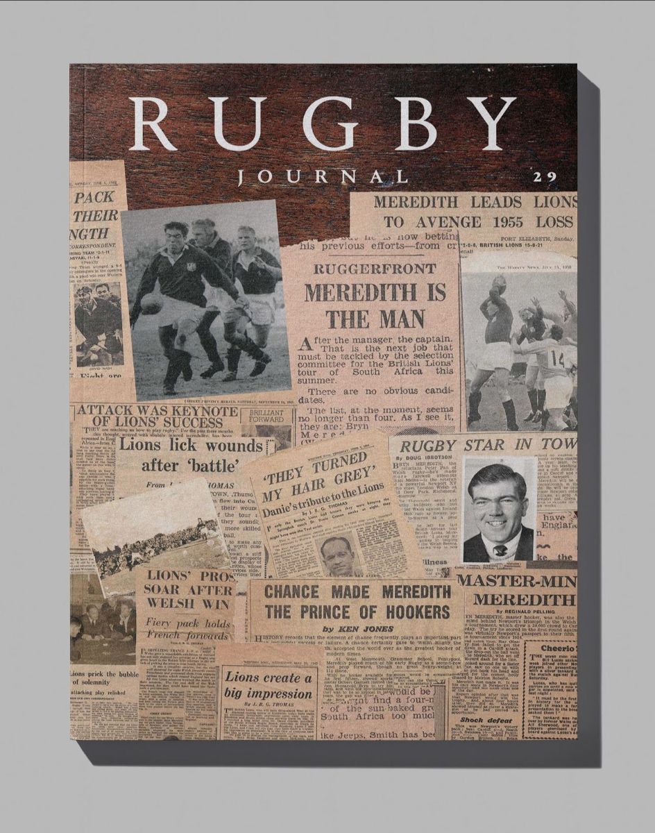 A photograph of the front cover of issue 29 of 'Rugby Journal', featuring newspaper clippings of rugby stories. 