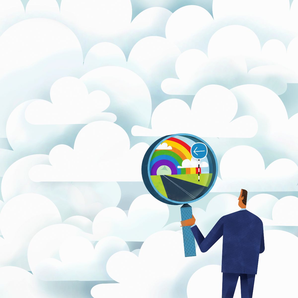 An illustration of a man in the sky using a looking glass to identify a colourful rainbow and signposted road.