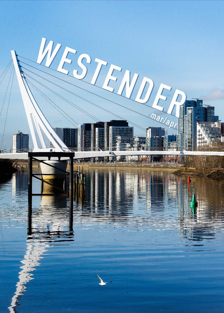 A front cover image of 'Westender' magazine from March/April, featuring an image of bridge over water on a sunny day near city buildings. 