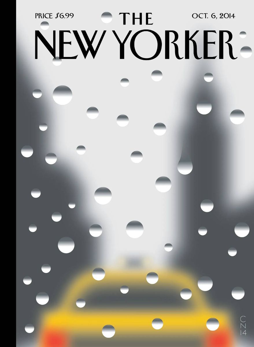 An illustrated front cover of The New Yorker from 6 October 2014, featuring a rainy and blurry image of a yellow taxi.