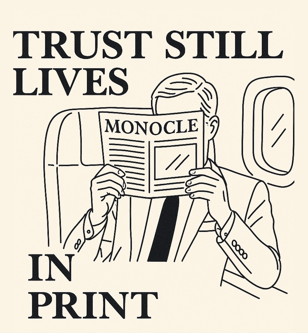 Illustrated front cover image of 'Monocle' magazine, where a suited figure is reading Monocle.
