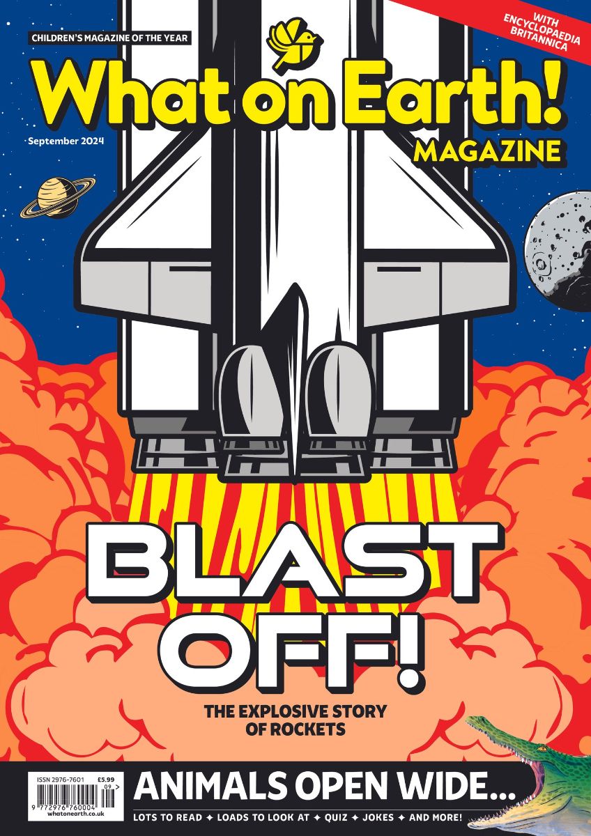 'What on Earth!' magazine front cover of an illustrated rocket blasting off in space.
