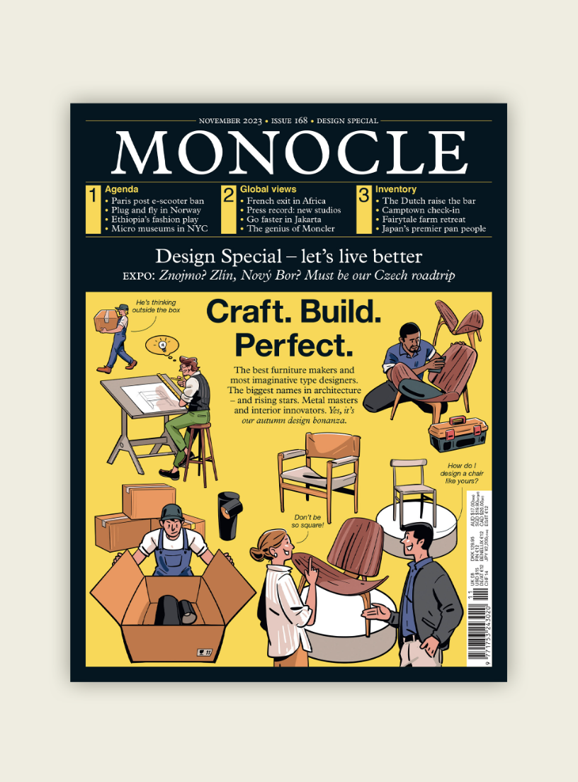 A colourful front cover of 'Monocle' magazine where people are collaborating and creating furniture. 