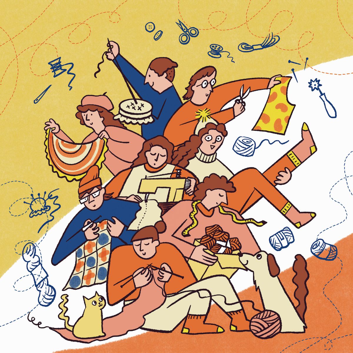 Yellow and orange illustration of people doing art and textile work.