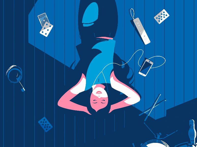 An illustration of a woman lying on the floor with her arms behind her head, listening to music with playing cards around her.
