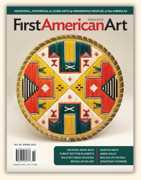 An image of the front cover of issue 46 of 'First American Art', featuring textile art.