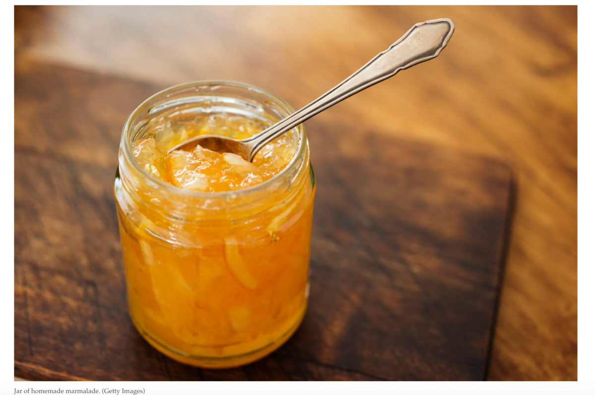 An image of a spoon in a jar of marmalade. 